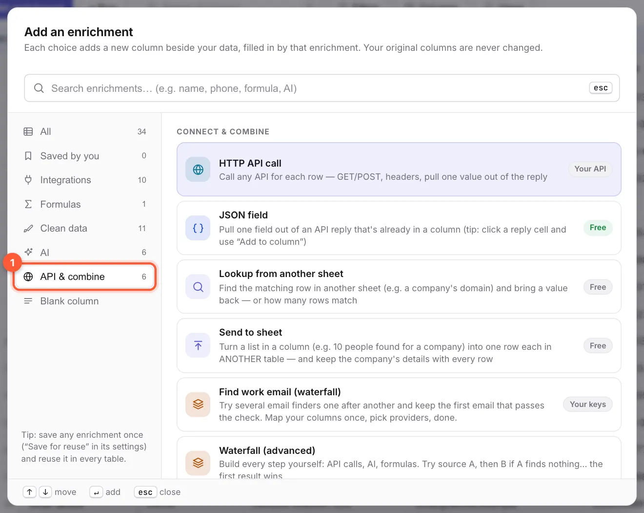 The Add an enrichment window with the API and combine group selected