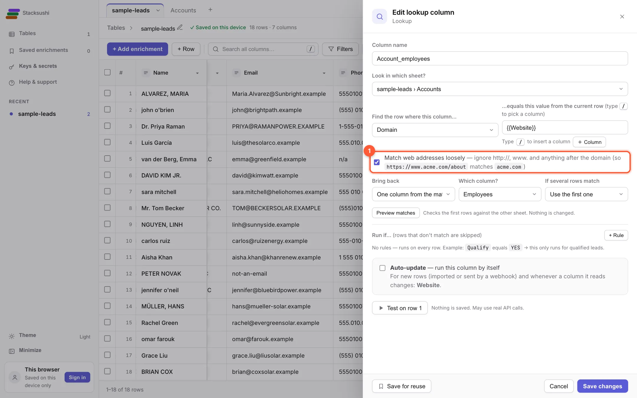 The Lookup settings with the Match web addresses loosely option marked
