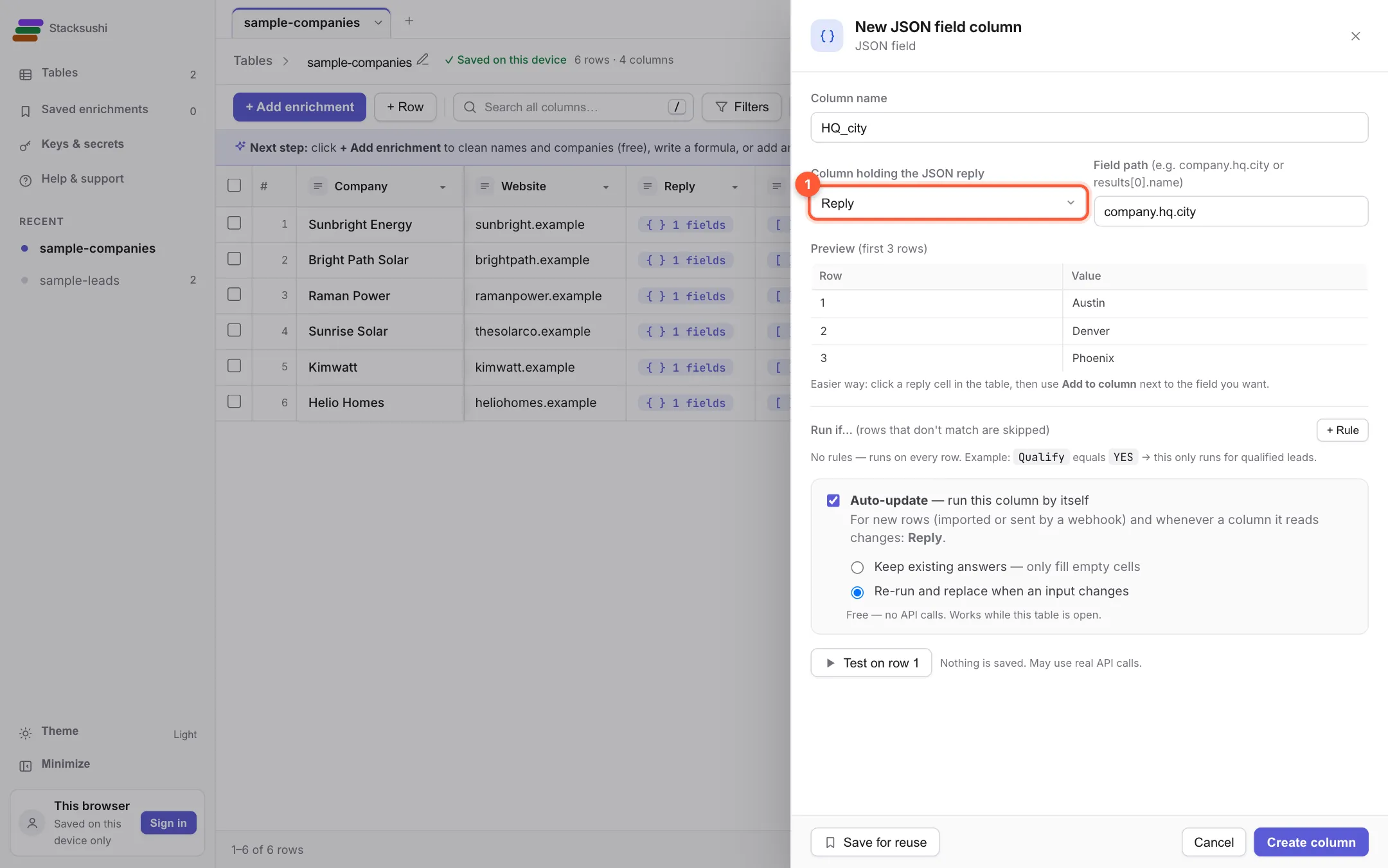 The JSON field settings with the Reply column chosen and a preview of three cities