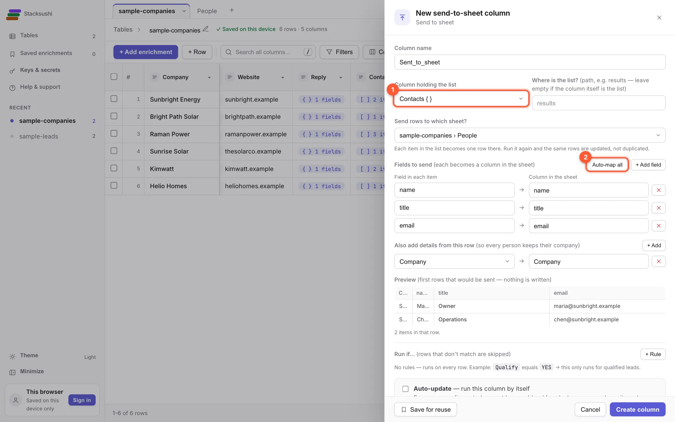 The Send to sheet settings with the Contacts column and Auto-map all marked