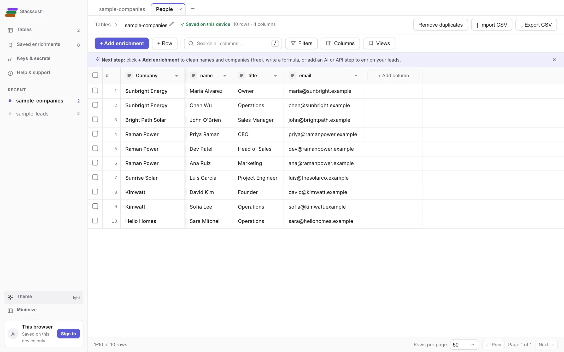 The new People sheet with one row for each person and a Company column