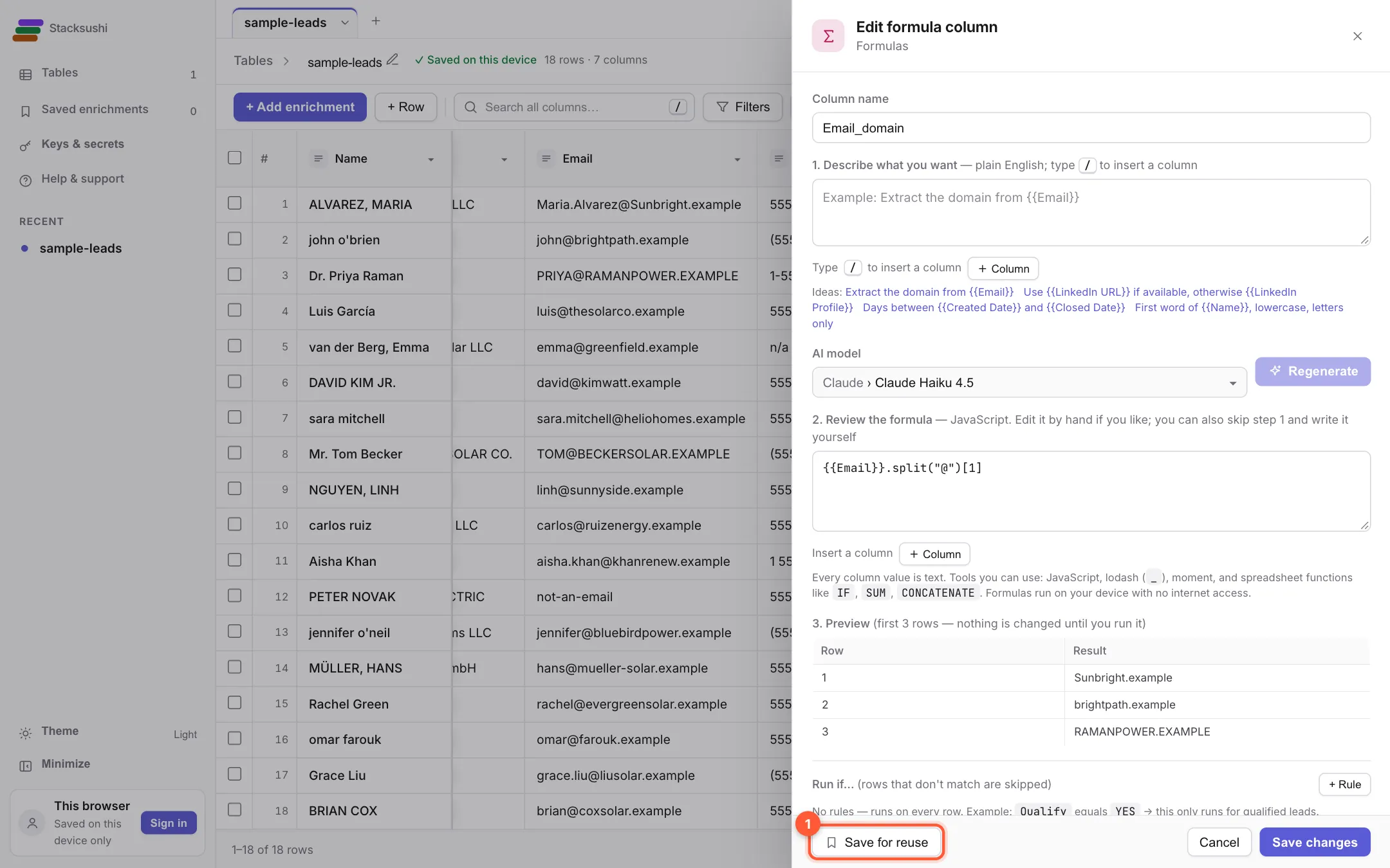 The column settings with the Save for reuse button marked