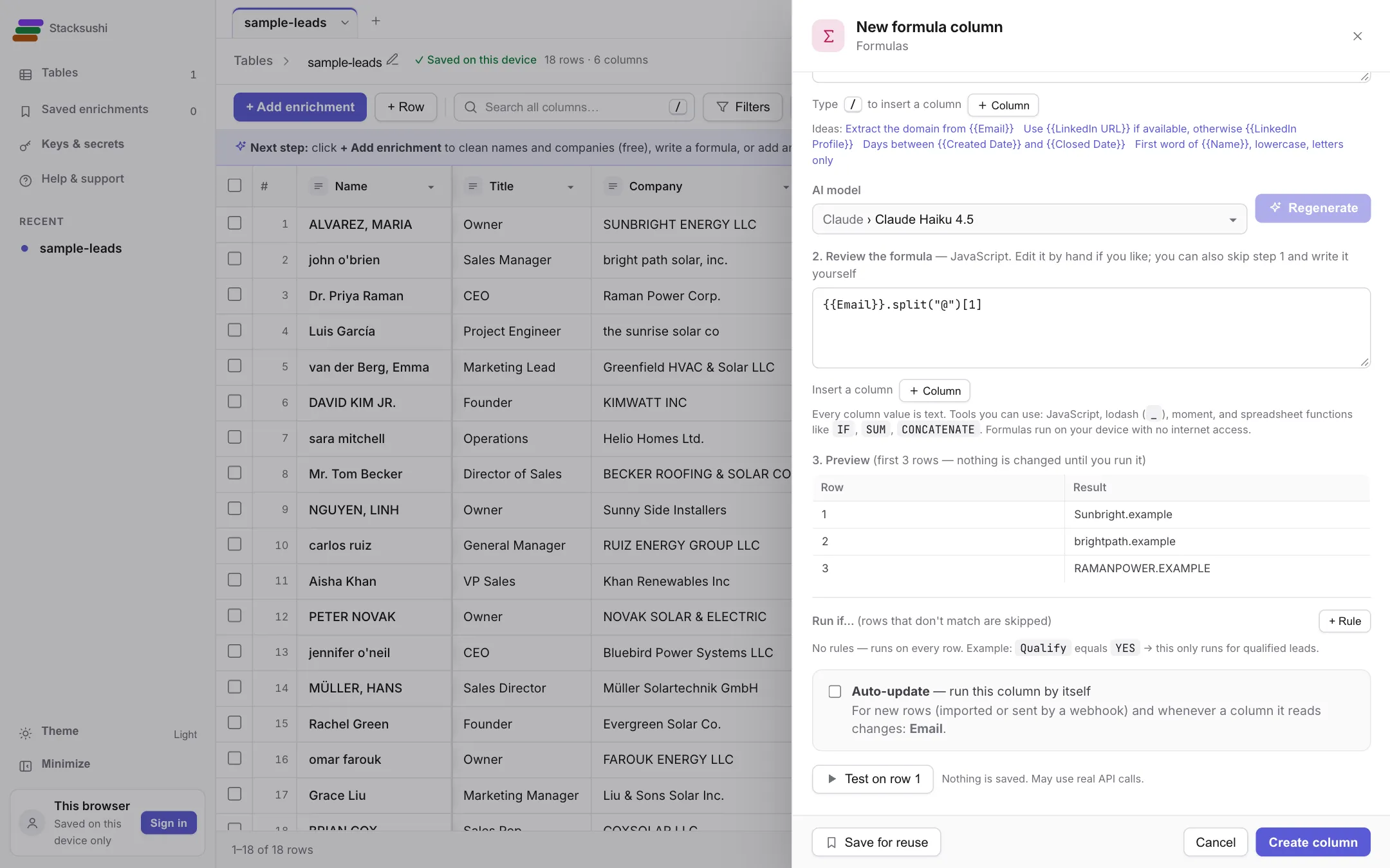 The formula box with a preview table showing three results