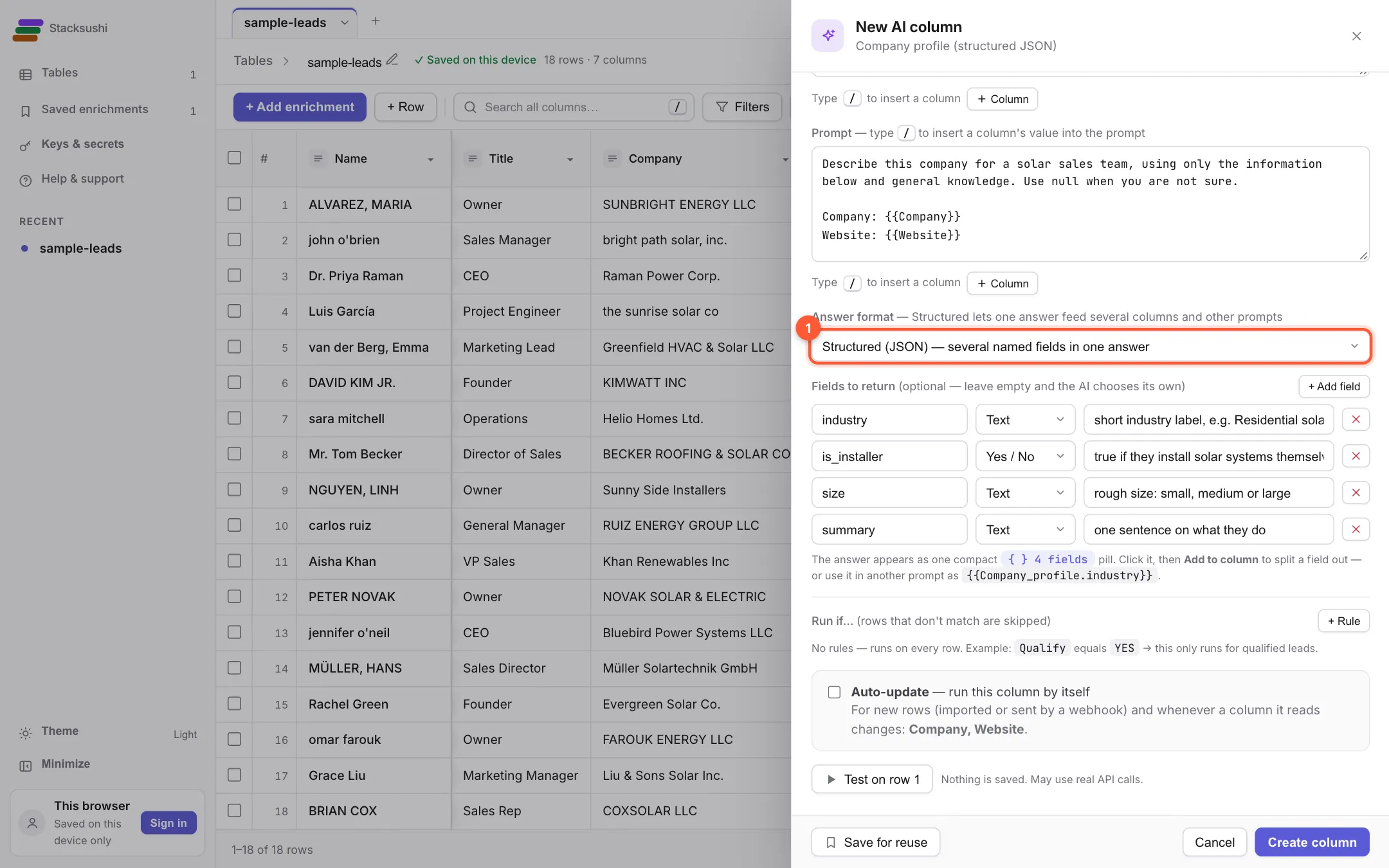 The Company profile settings with the structured answer option marked