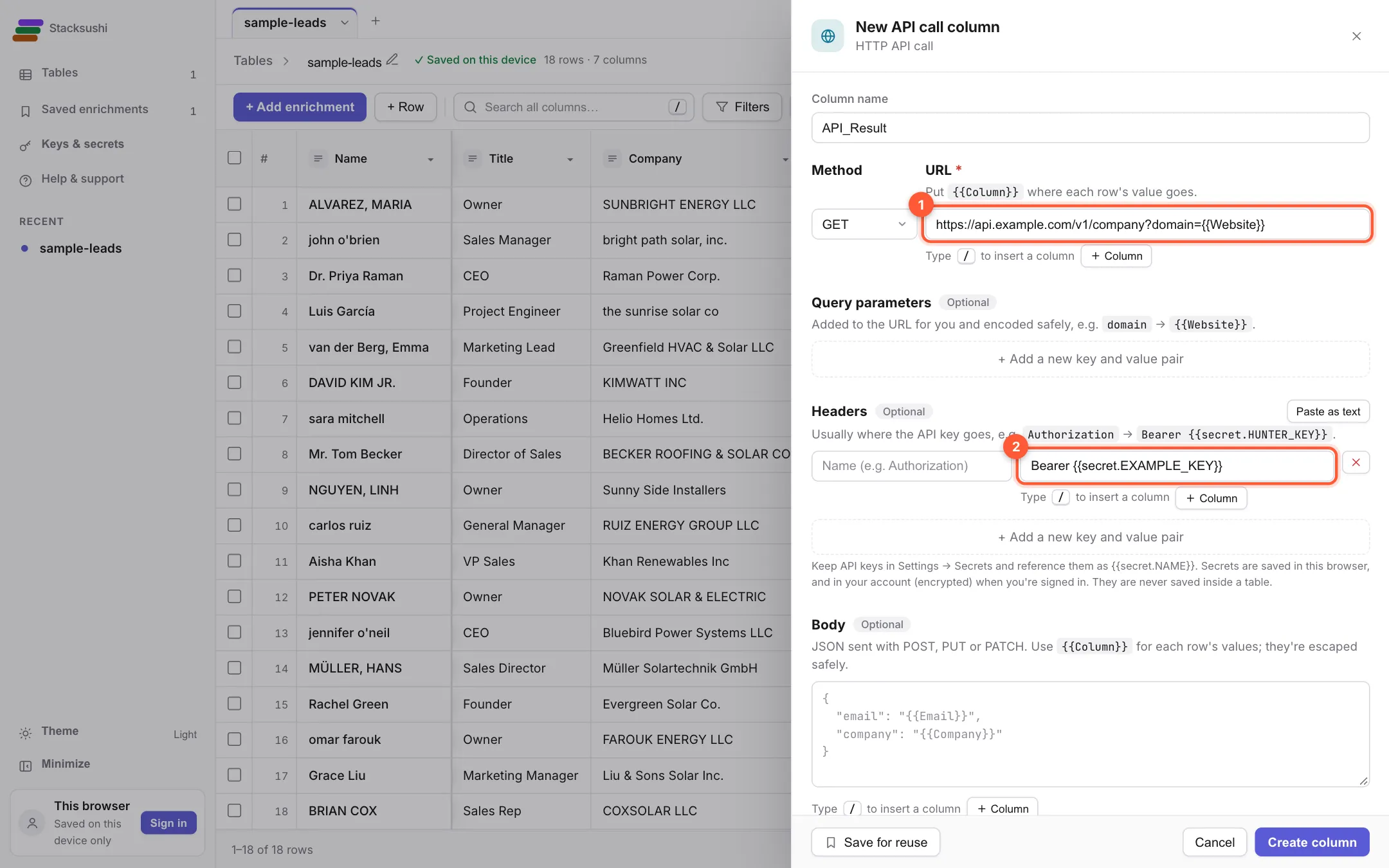 The HTTP API call settings with the address and an Authorization header