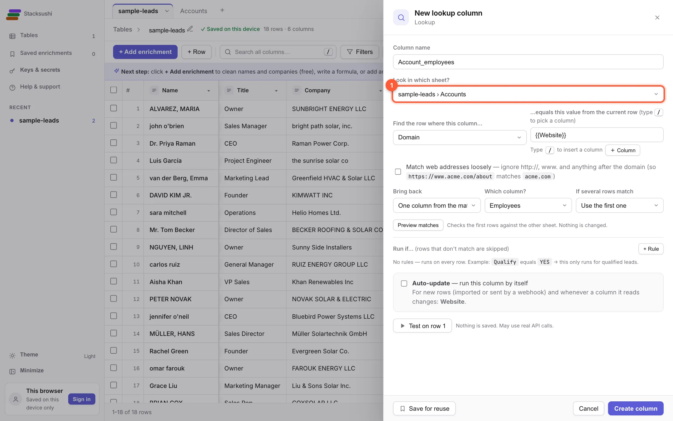 The Lookup settings with the Accounts sheet and the Domain column chosen