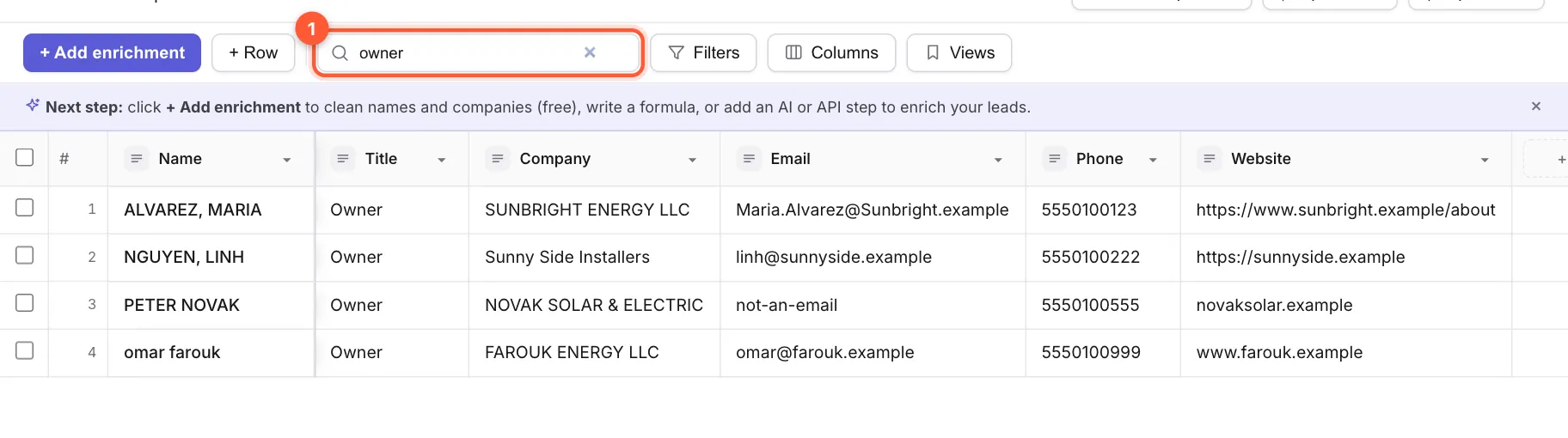 The search box with the word owner typed in and four matching rows below