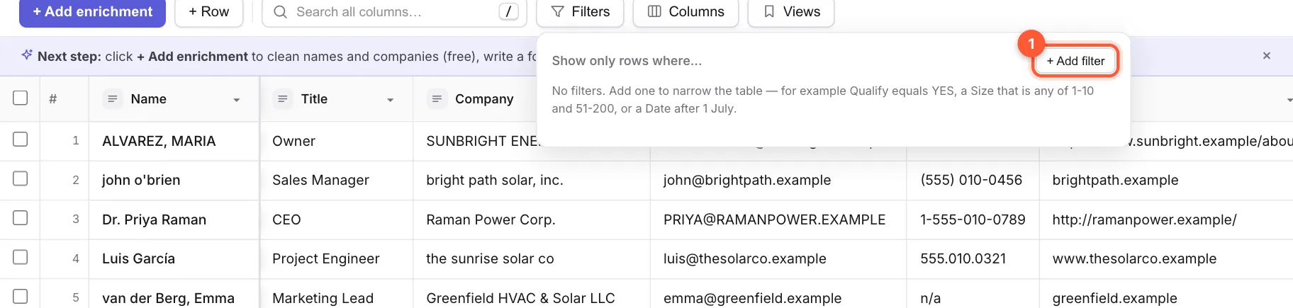 The Filters pop-up showing the + Add filter button and a note about example filters
