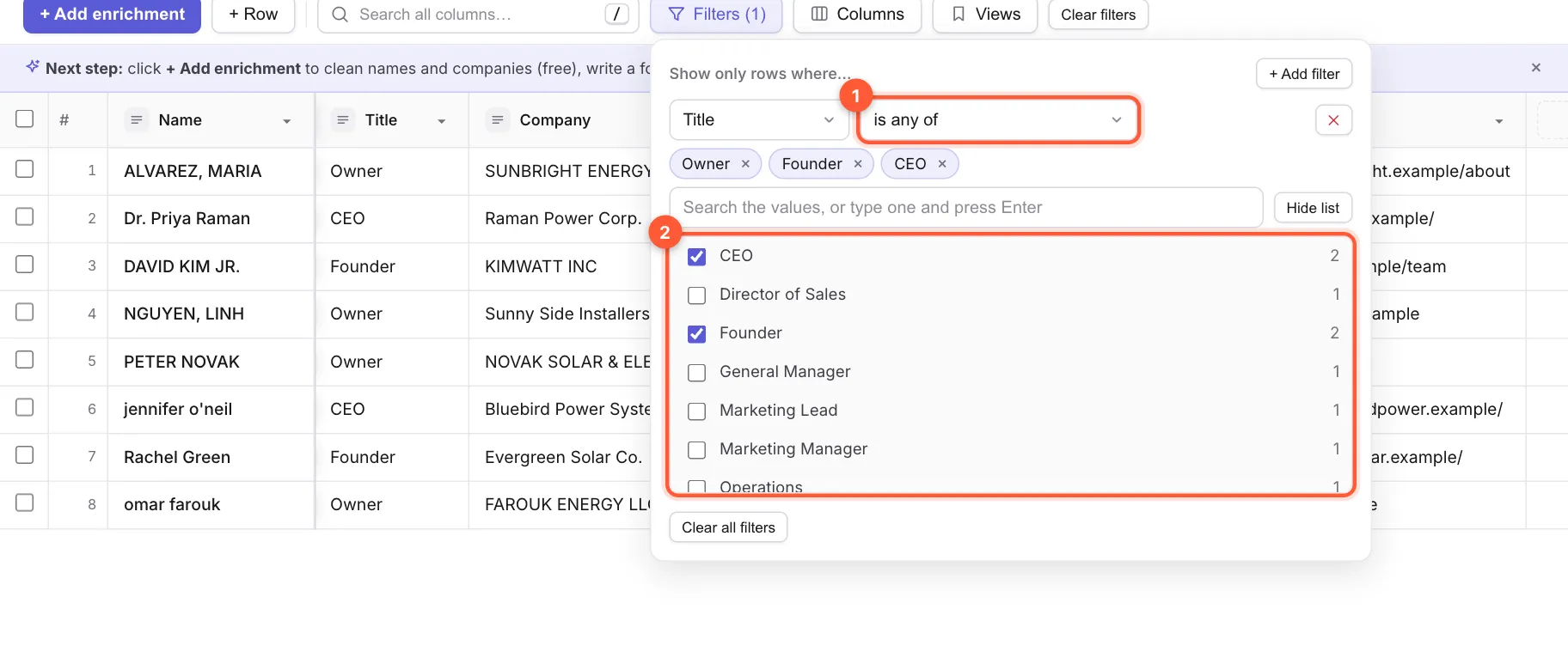 A filter on Title with the condition is any of, chips for Owner, Founder and CEO, and the list of values with checkboxes
