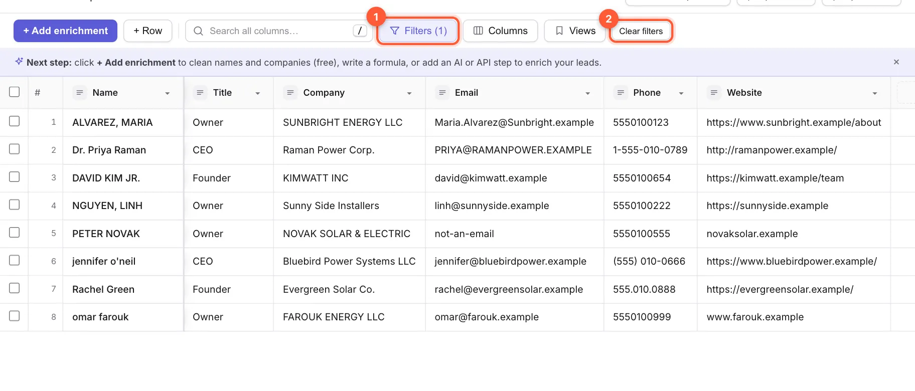 The table filtered to 8 rows, with the Filters (1) button and the Clear filters button marked