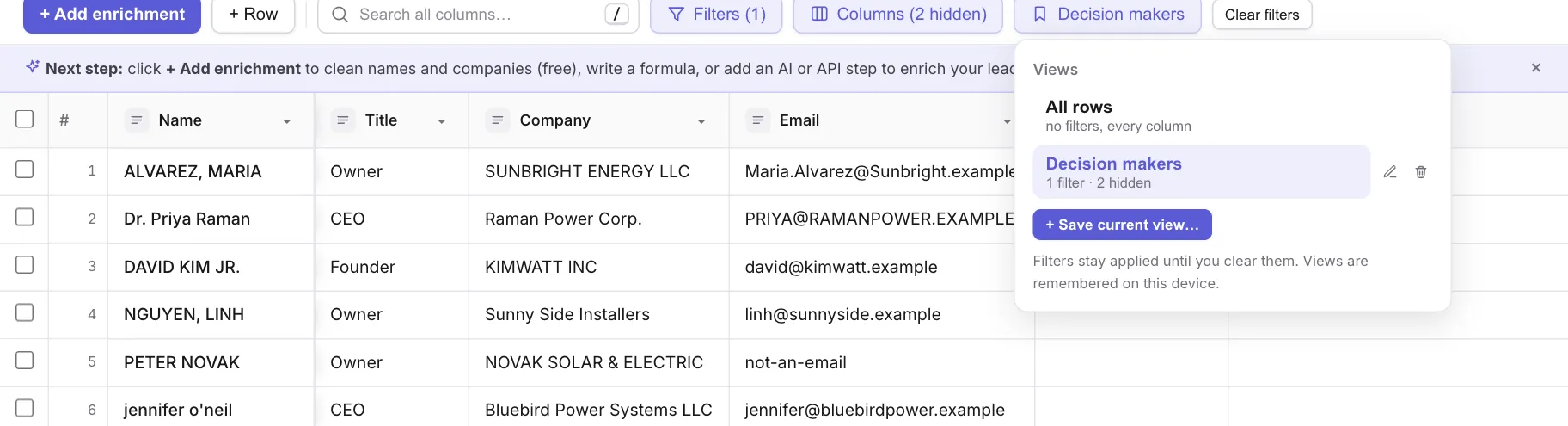 The Views list showing All rows and a saved view called Decision makers with 1 filter and 2 hidden