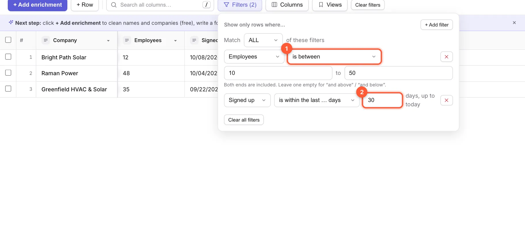 The Filters pop-up with an Employees is between 10 and 50 filter and a Signed up is within the last 30 days filter