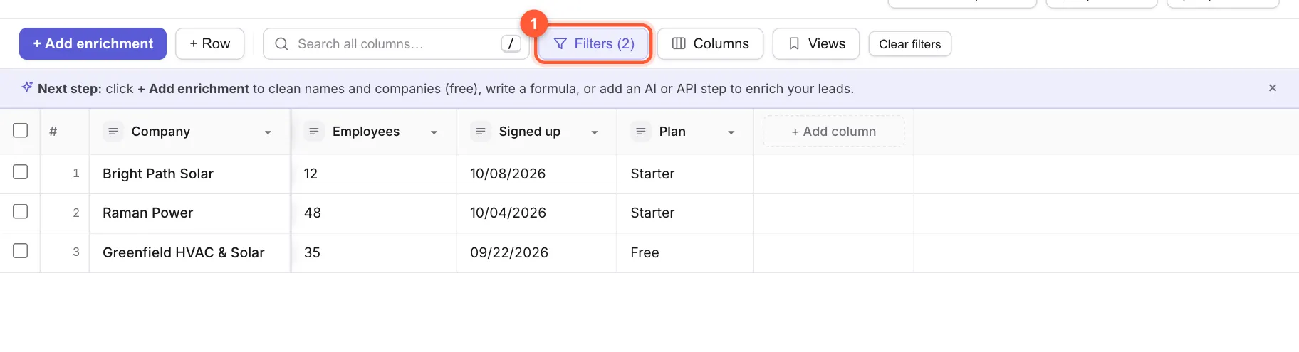 The table filtered to 3 companies with the Filters (2) button marked