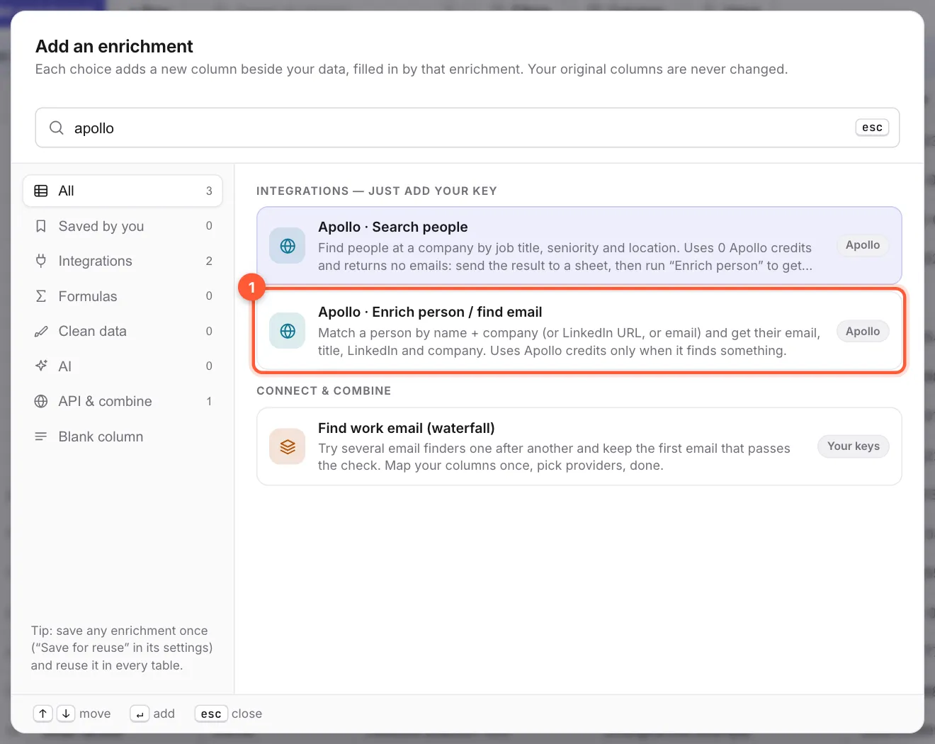 The Add an enrichment window searched for apollo, showing Enrich person find email