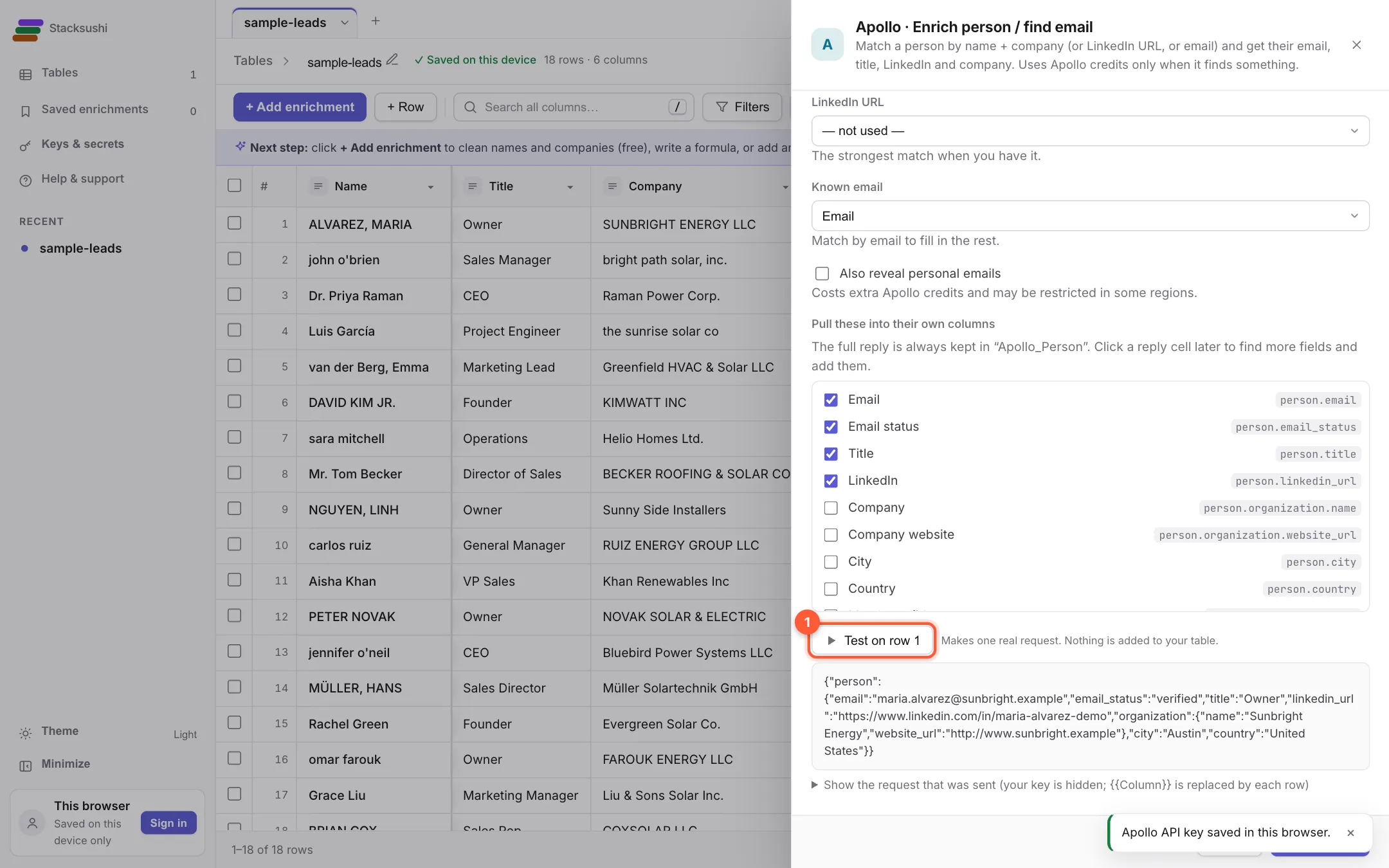 The Apollo settings with the Test on row 1 button marked and the answer showing an email