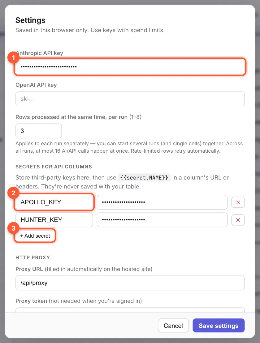 The Settings window with an AI key box, two saved secrets and the Add secret button marked