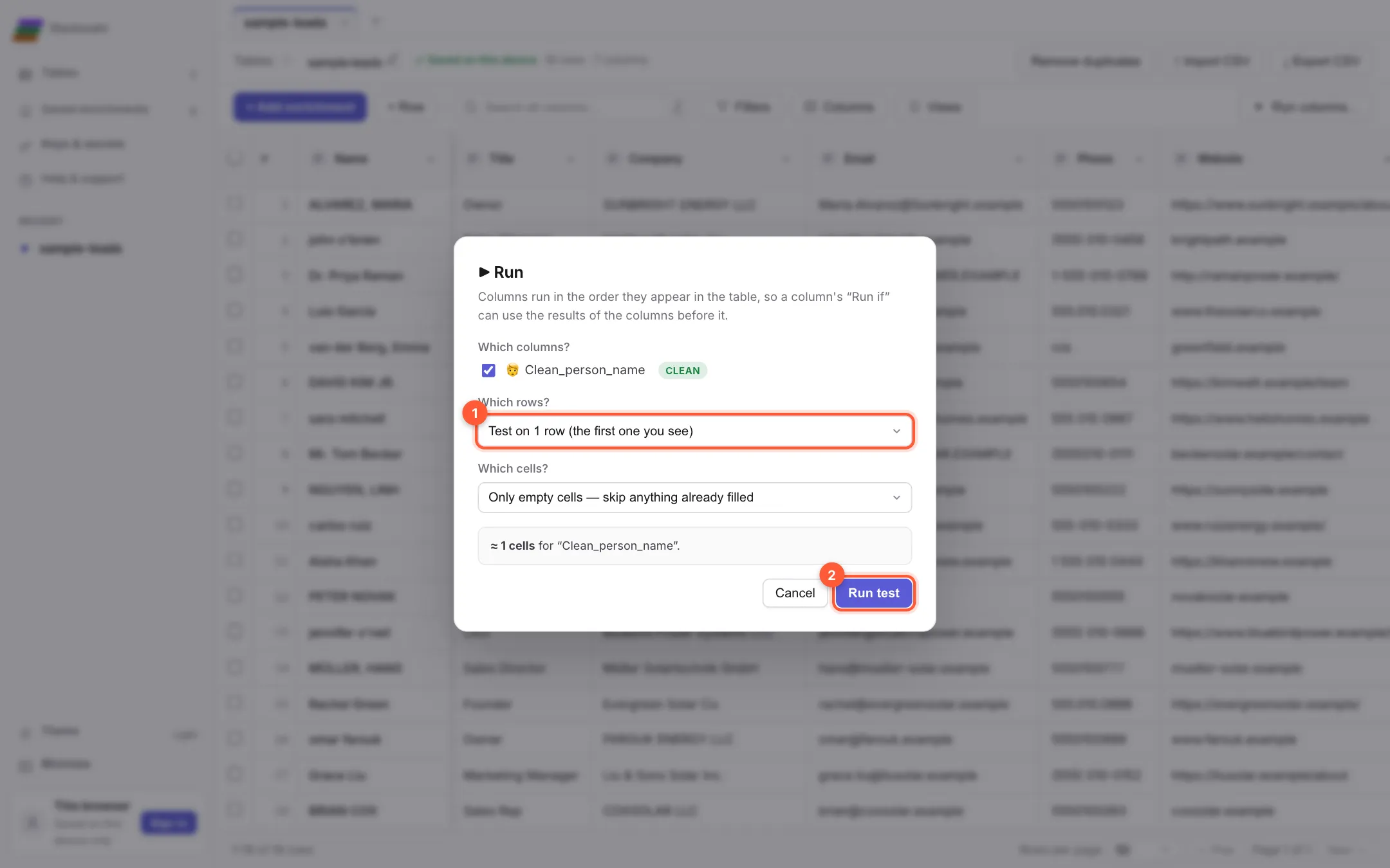 The Run window with Test on 1 row chosen and the Run test button marked