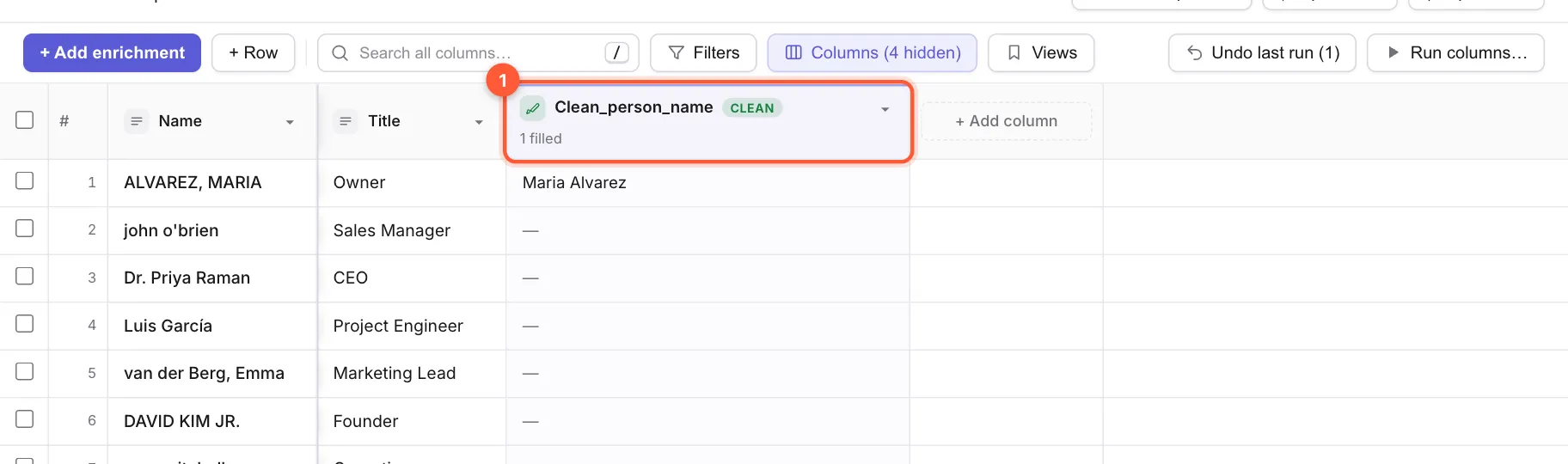 The table with the new Clean_person_name column filled for one row only and its header marked