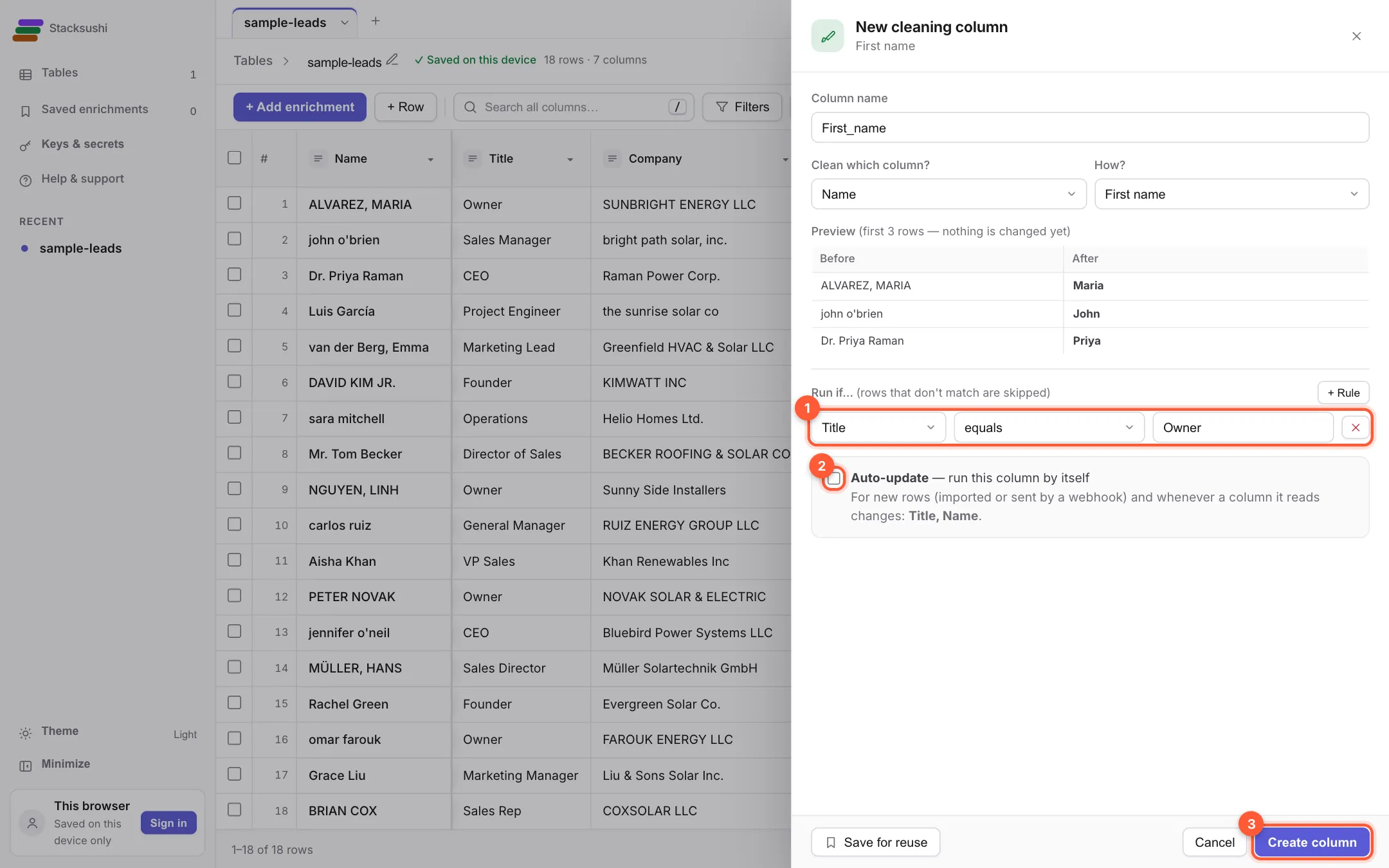 The settings panel for a First name column with a Run if rule Title equals Owner marked, the Auto-update box marked and the Create column button marked