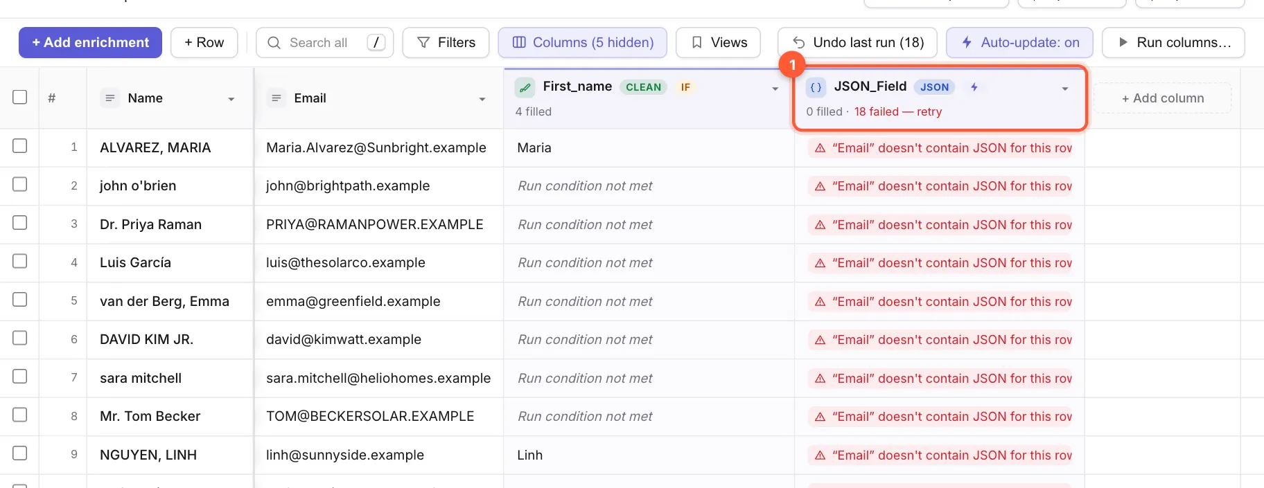 A column whose header reads 0 filled, 18 failed, retry and whose cells show a red message