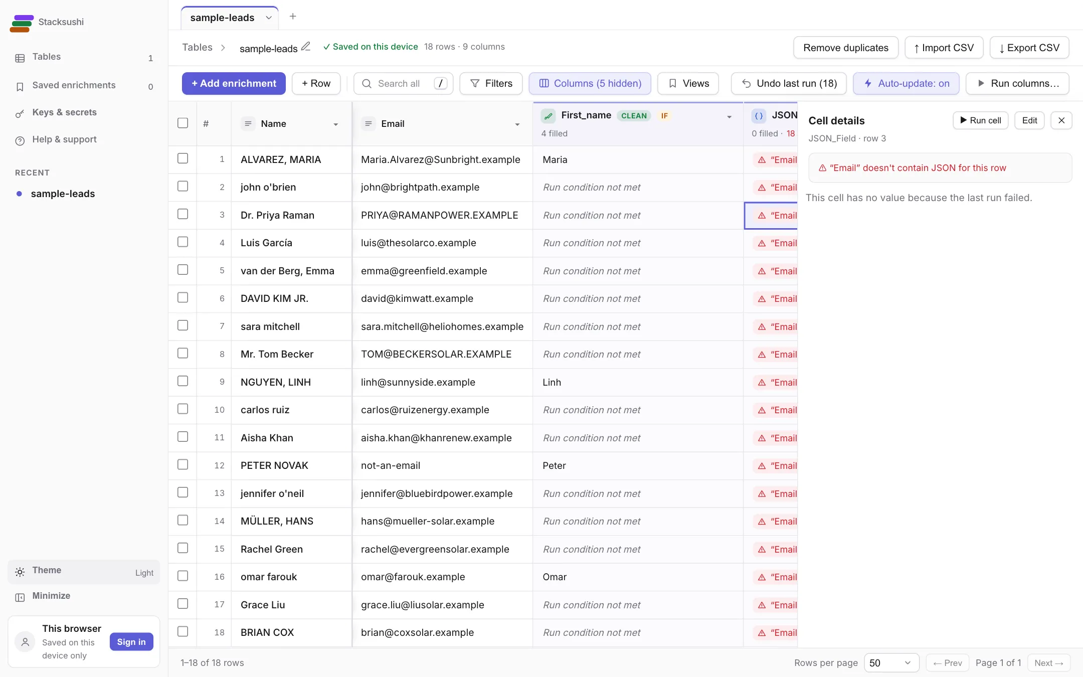 The Cell details panel on the right showing the message Email doesn't contain JSON for this row, with Run cell and Edit buttons
