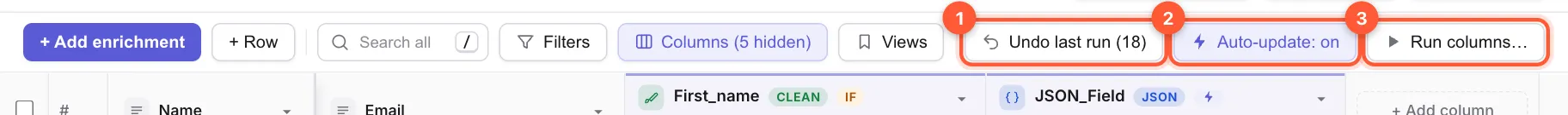 The toolbar with Undo last run, Auto-update: on and Run columns buttons marked