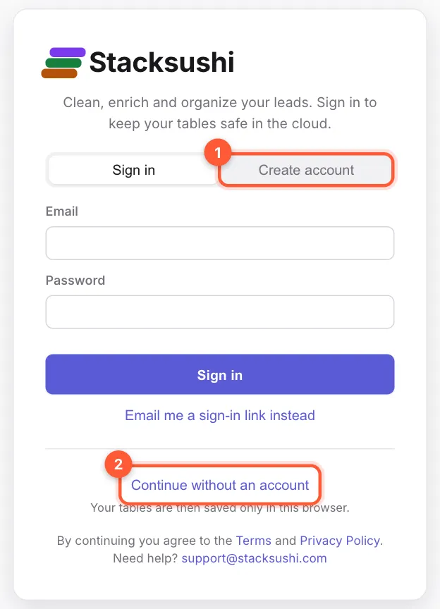 The Stacksushi sign-in screen with the Create account tab and the Continue without an account link marked