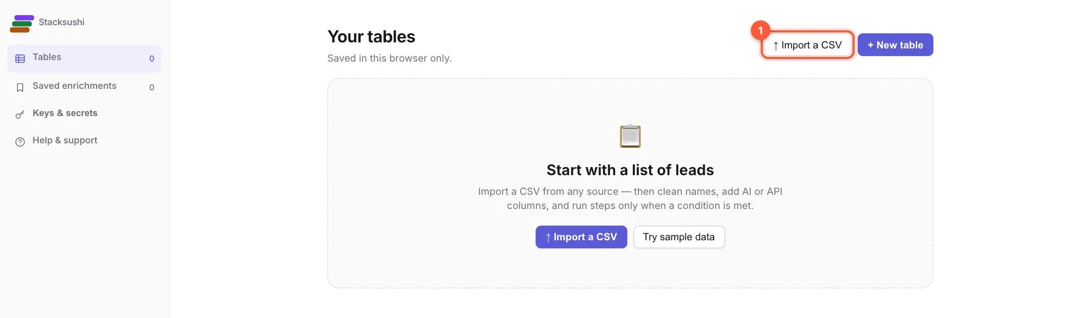 The empty Your tables screen with the Import a CSV button marked