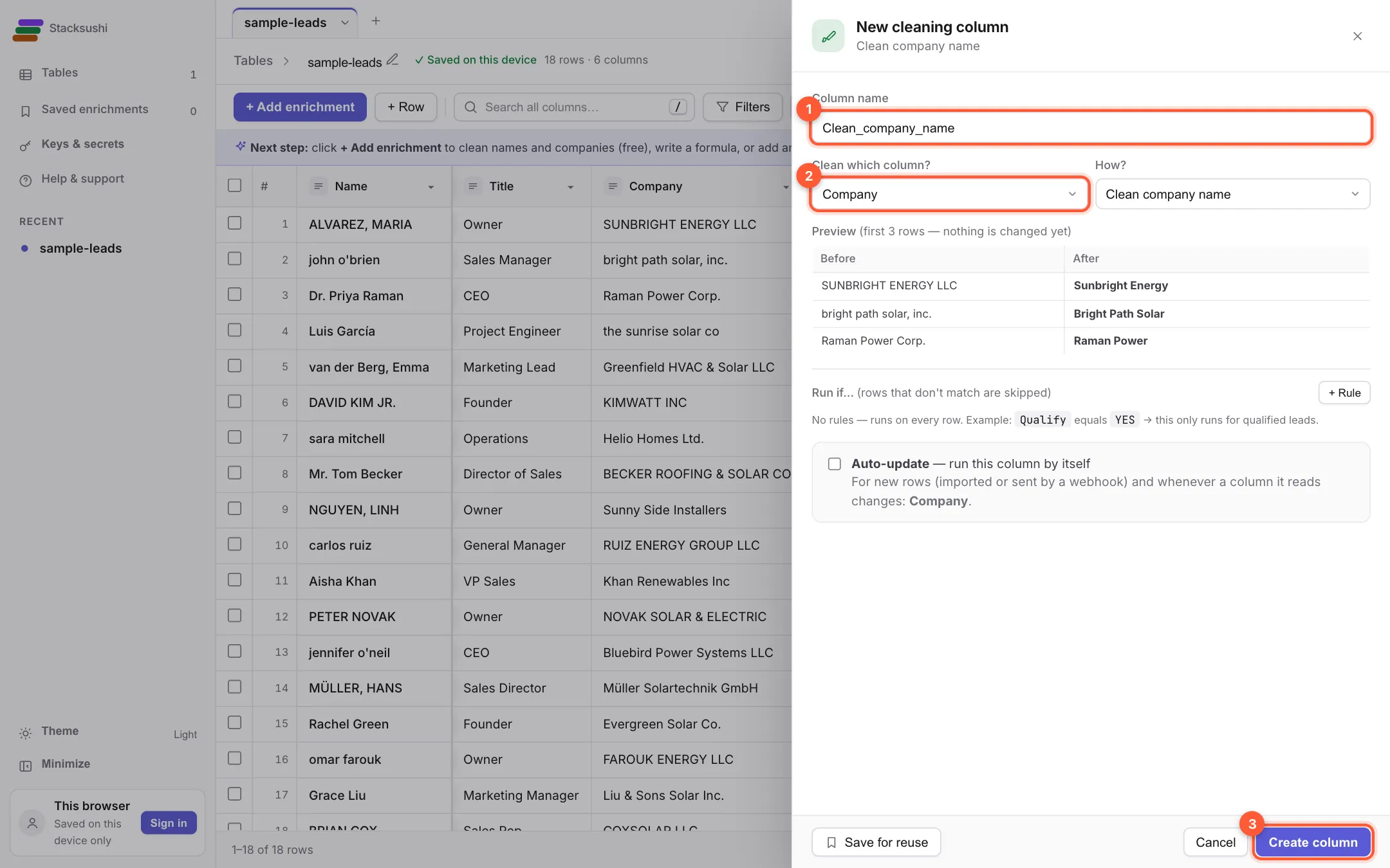 The cleaning column panel with the column name, the source column and the Create column button marked
