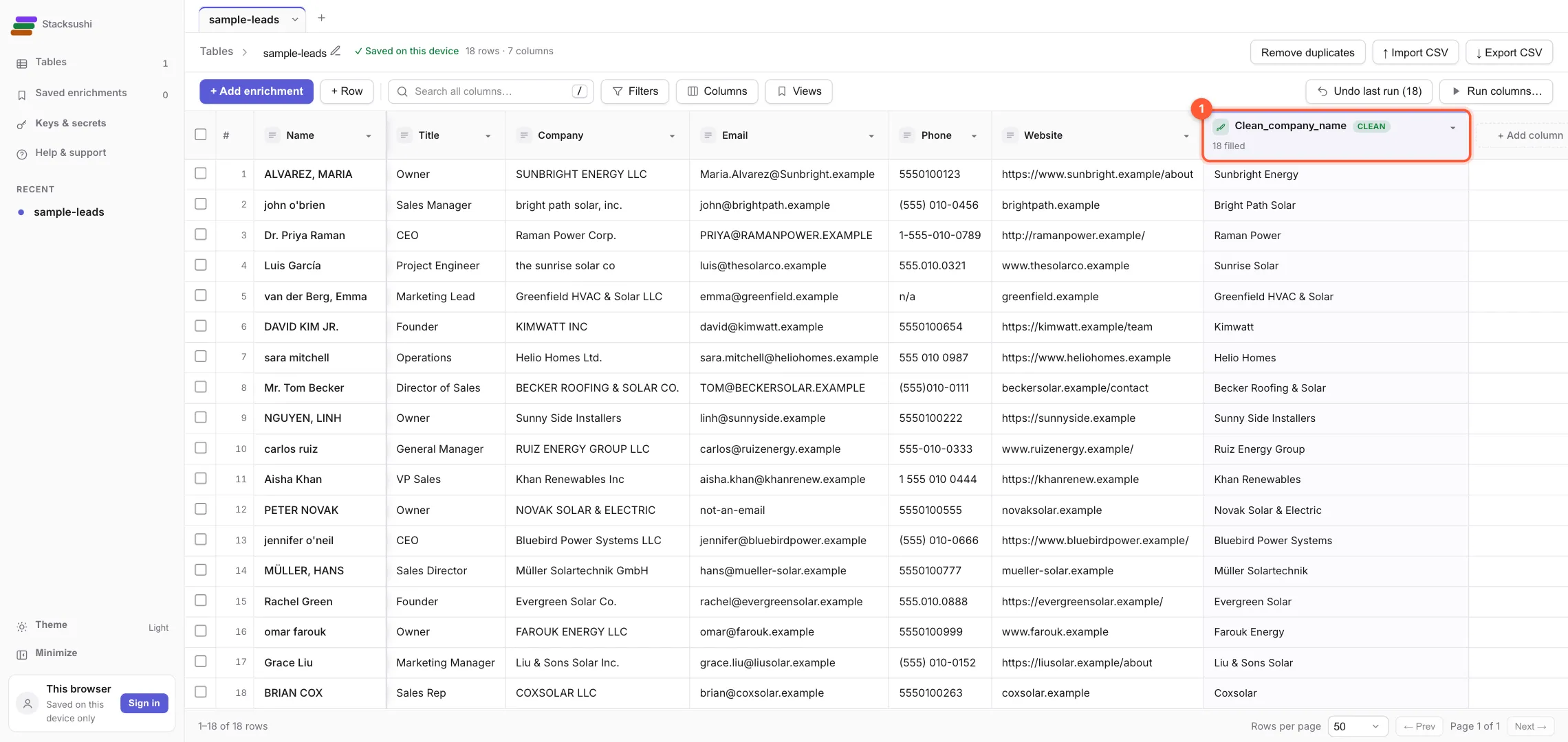 The table with the new Clean_company_name column filled in and its header marked