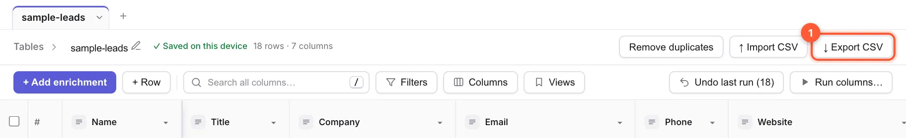 The top of the table with the Export CSV button marked
