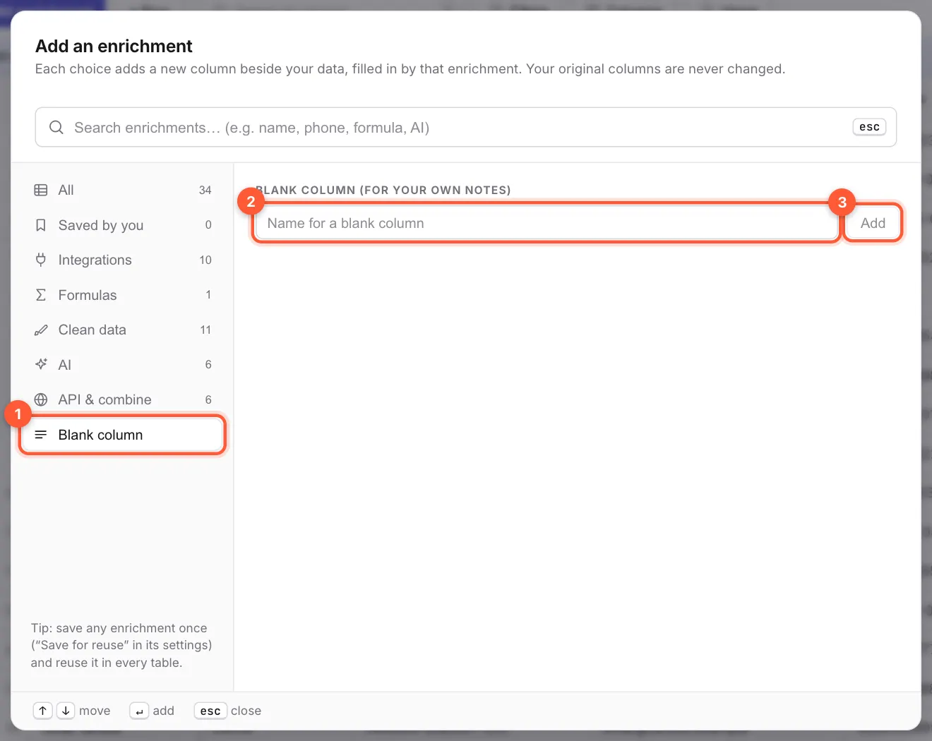 The Add an enrichment window showing the Blank column group with the name box and Add button marked