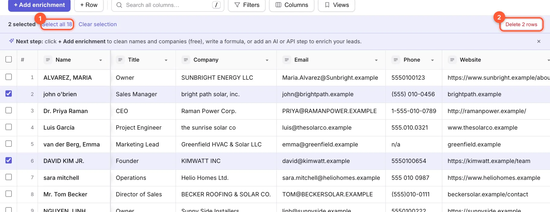 Two rows ticked, with the selection bar showing Select all and Delete 2 rows