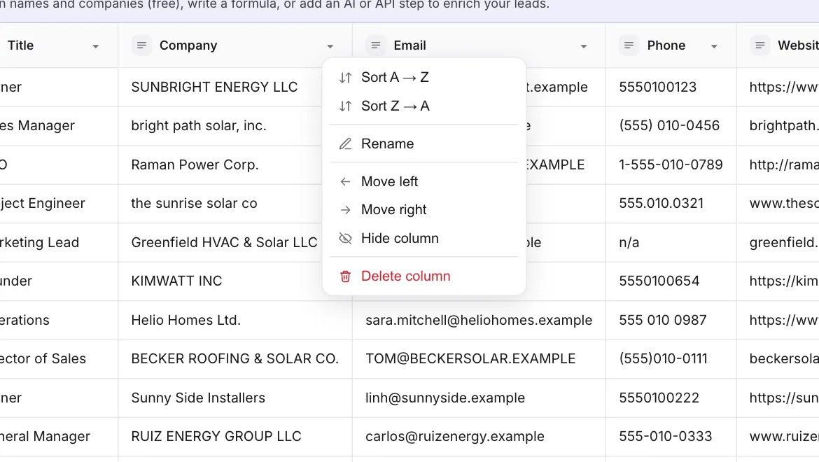 The column menu with Sort, Rename, Move, Hide and Delete choices