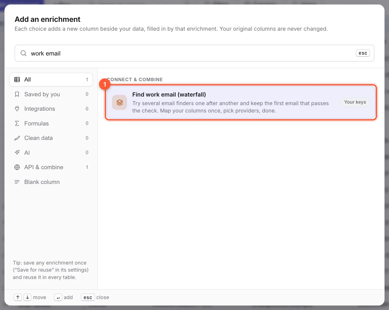 The Add an enrichment window searched for work email, with the two waterfall choices marked