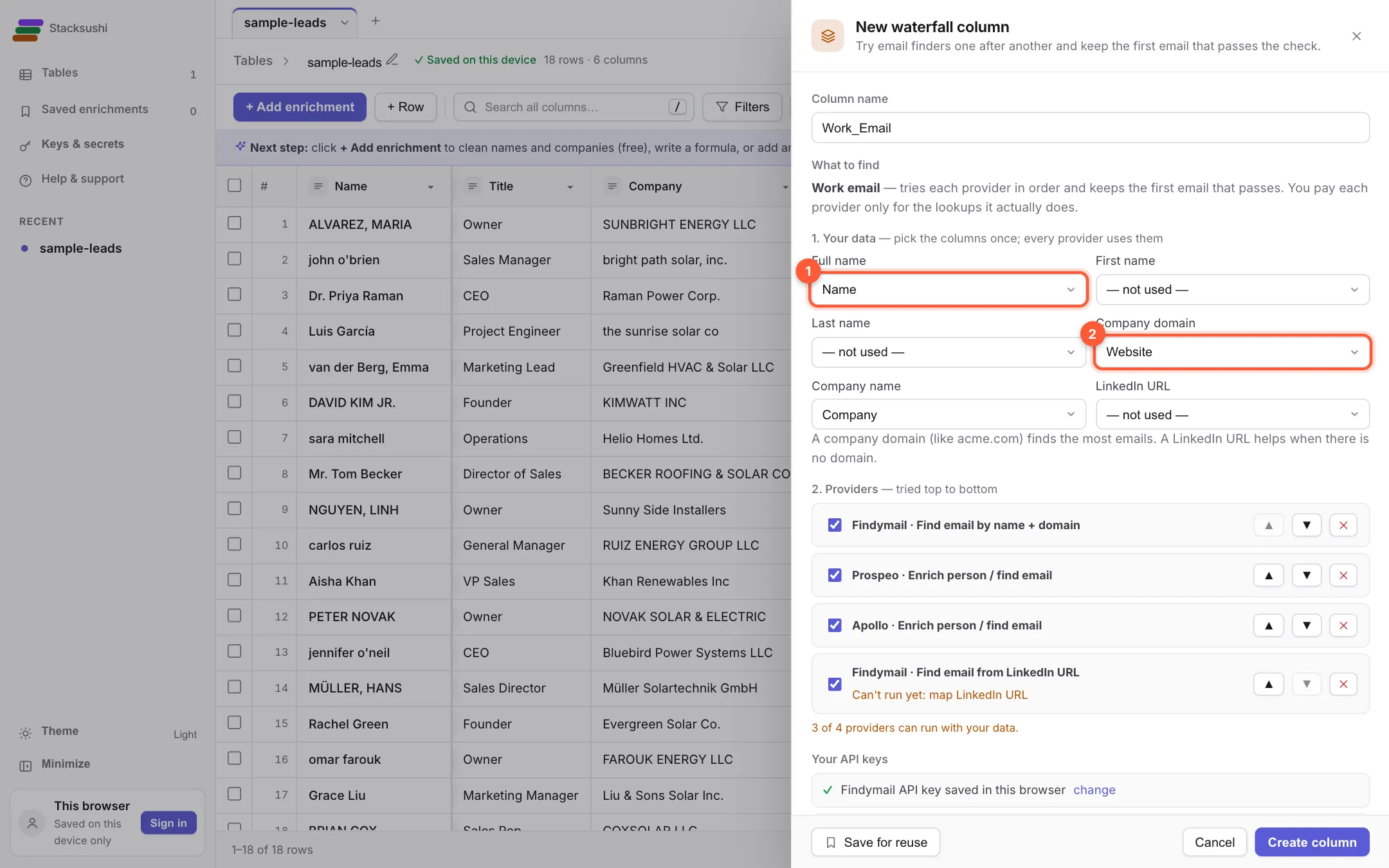 The waterfall settings with the Full name and Company domain drop-downs marked