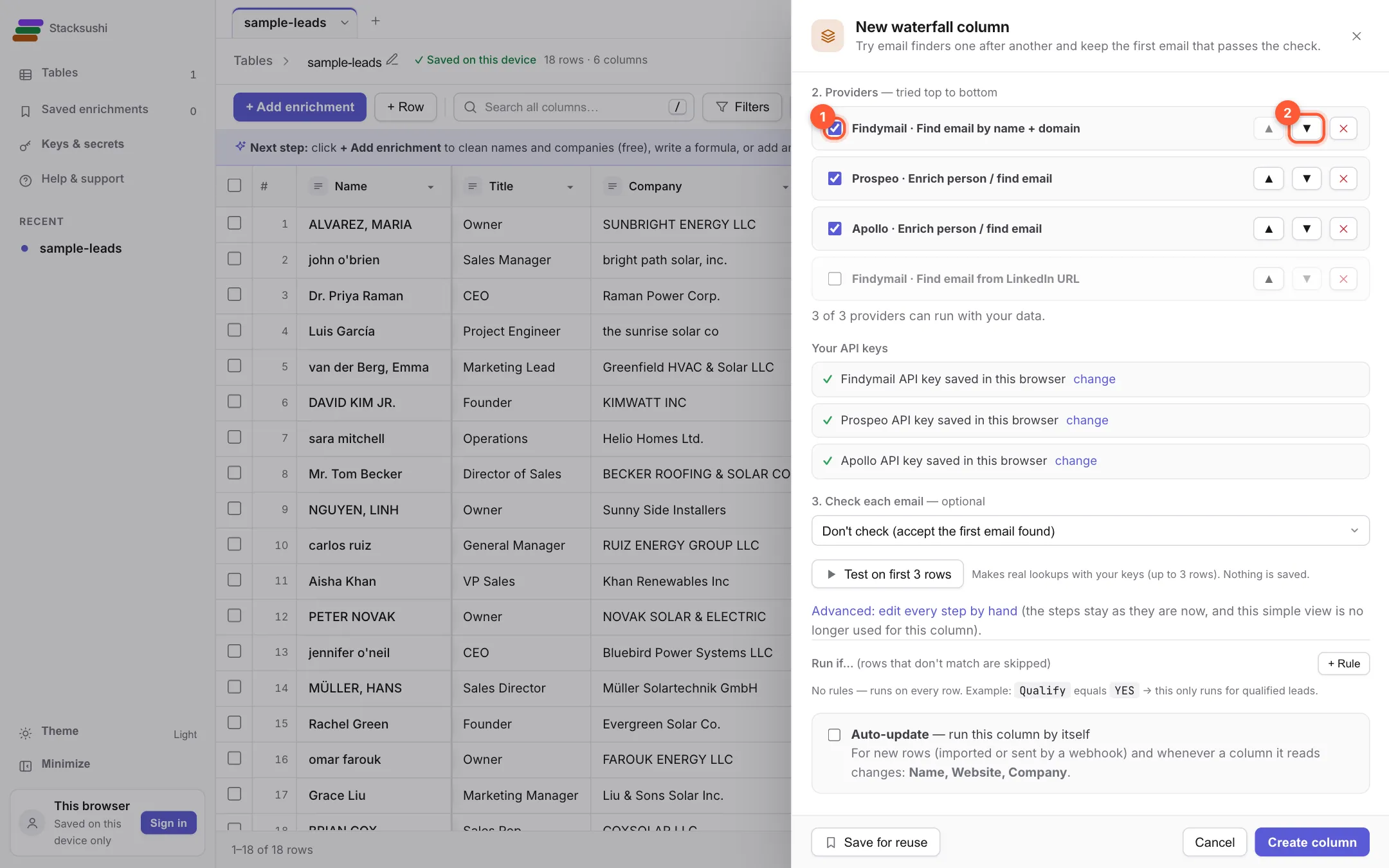 The list of providers with checkboxes and move up and down arrows marked