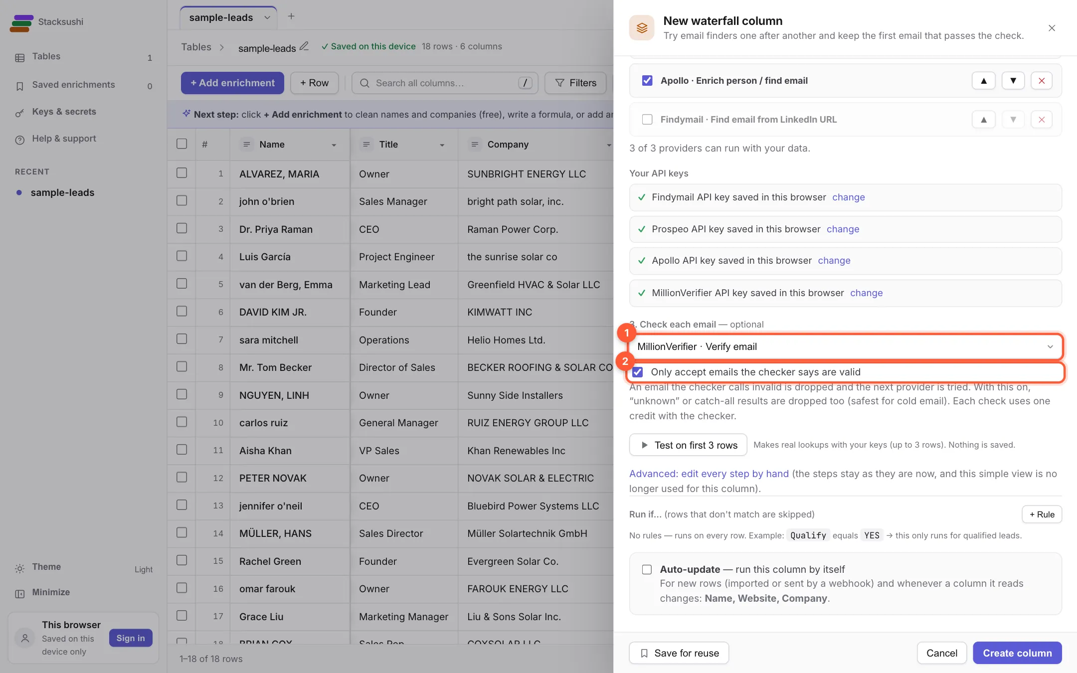 The waterfall settings with the Email checker drop-down and the accept only valid option marked