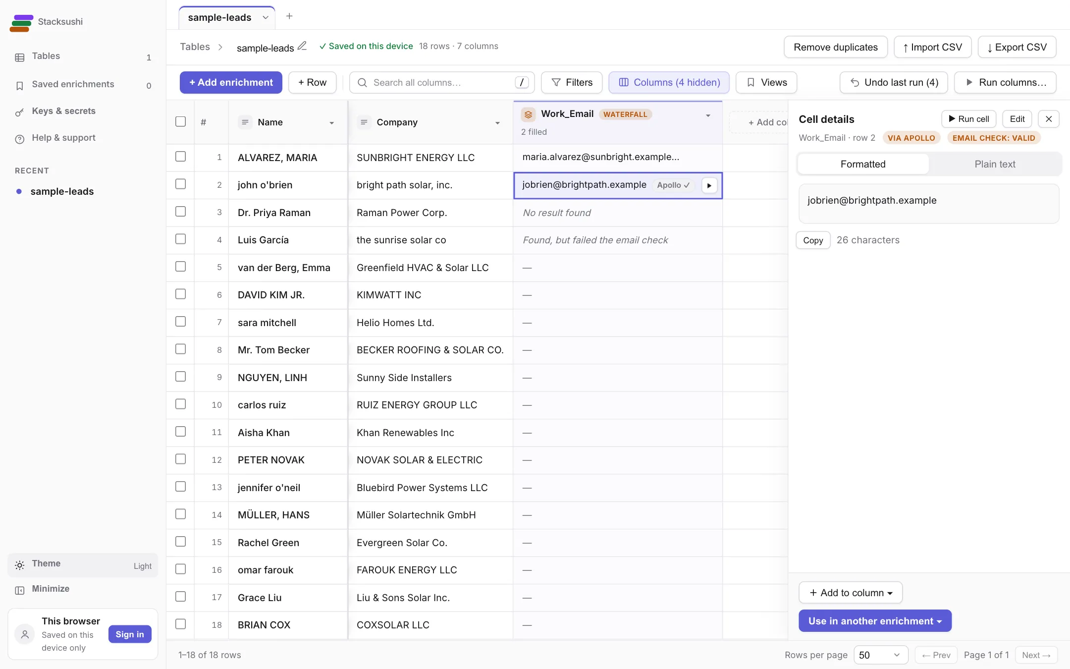 The cell details showing the email, VIA APOLLO and EMAIL CHECK VALID