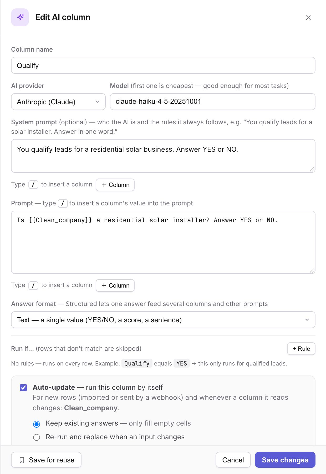 The AI column settings: provider, model, system prompt and per-row prompt