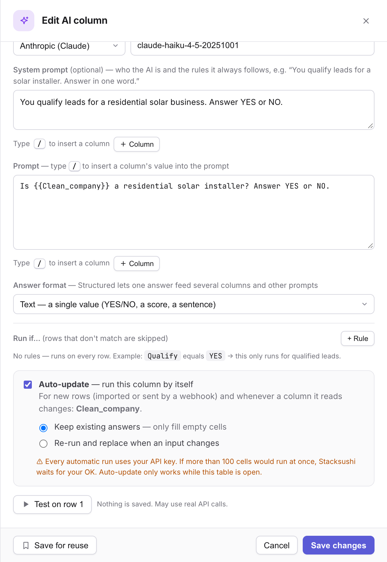 Auto-update settings with keep-existing and re-run options and a spend warning