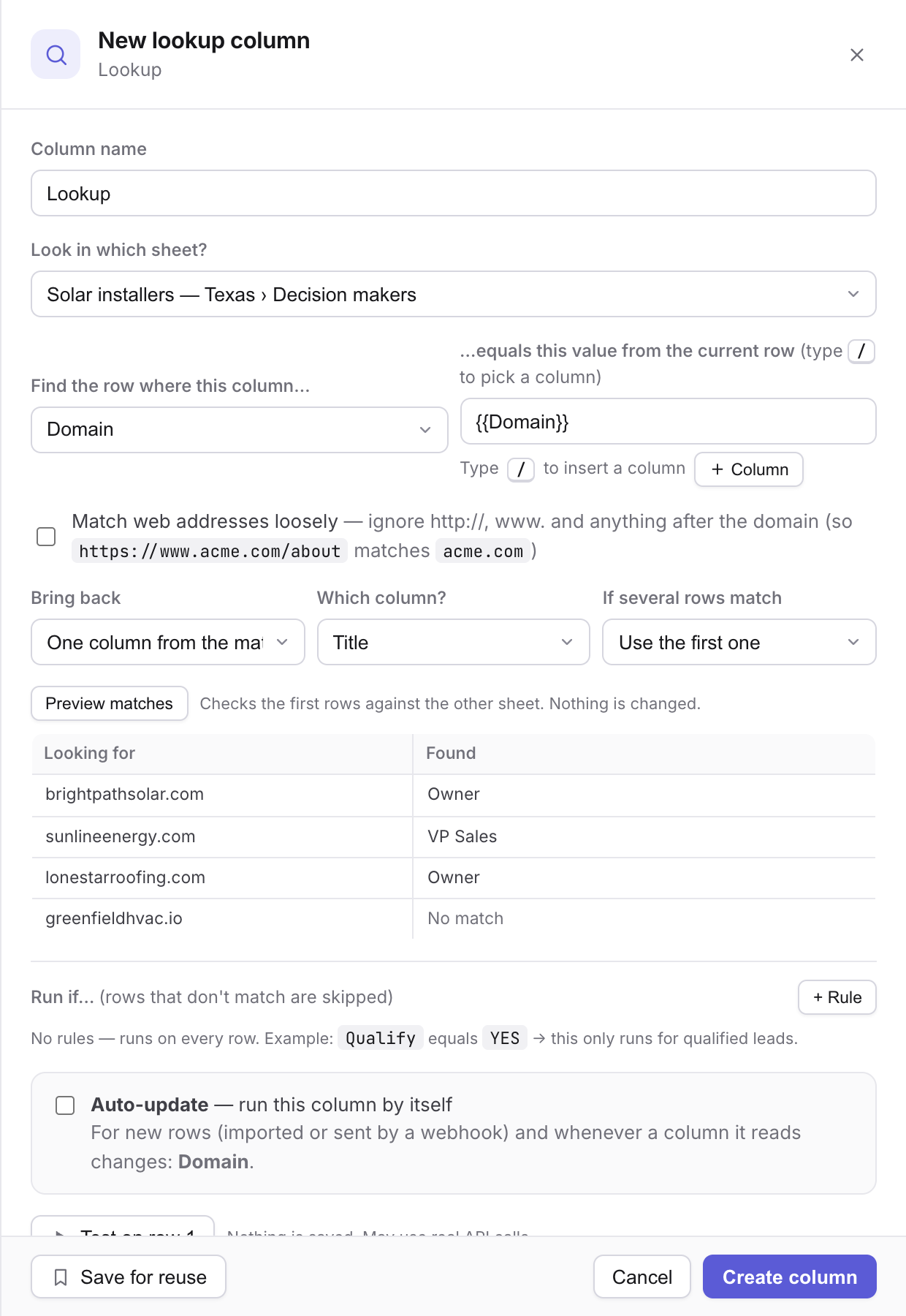 Lookup settings with a preview showing matches found in another sheet