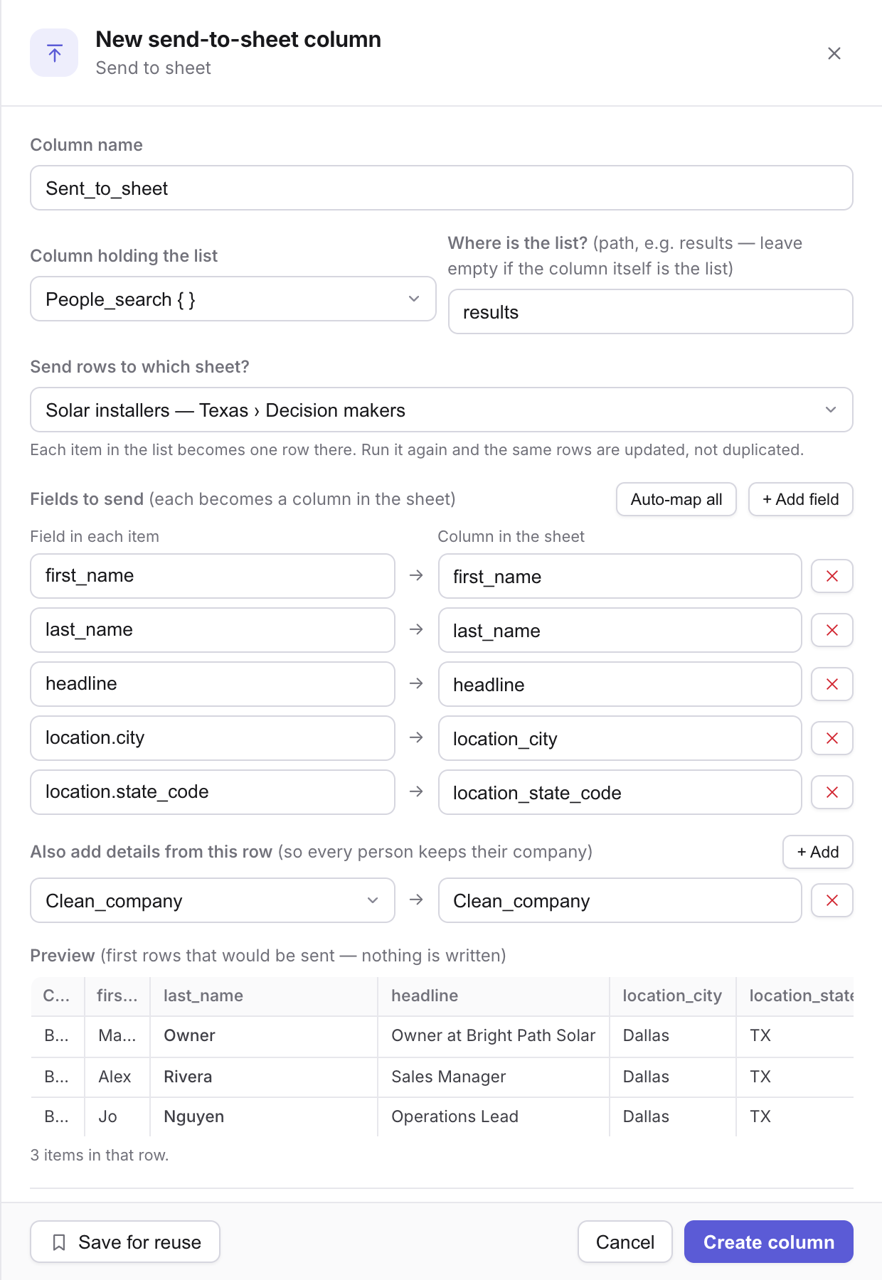 Send to sheet settings with field mapping and a preview of the rows that would be created